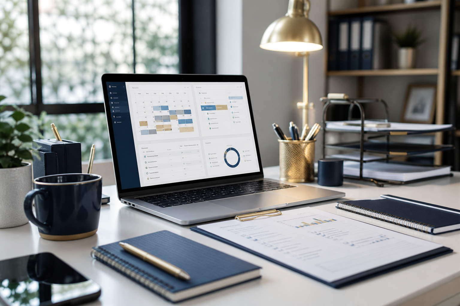 Organized administrative dashboard with calendar, inbox, documents, and task tracker